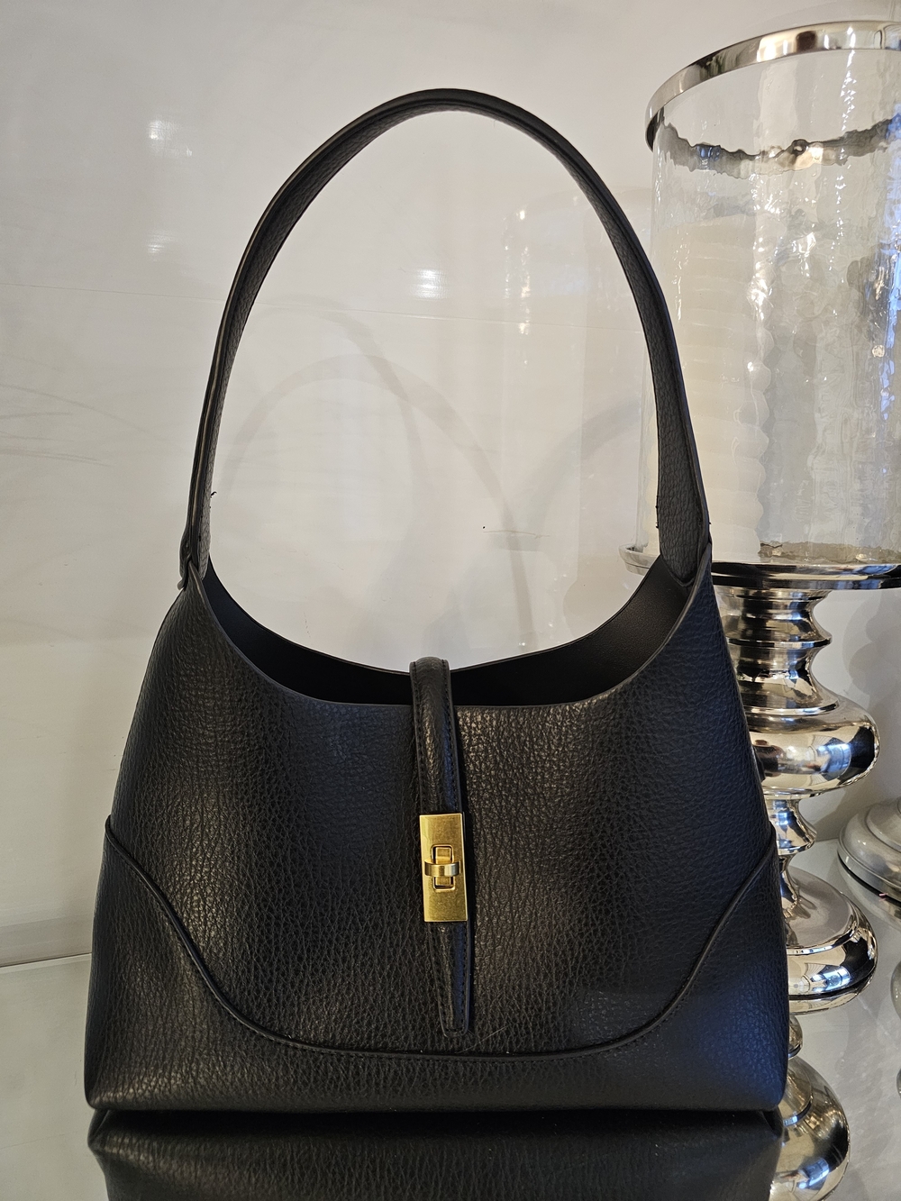 Miztique Classic Black Leather Shoulder Bag with Gold Hardware